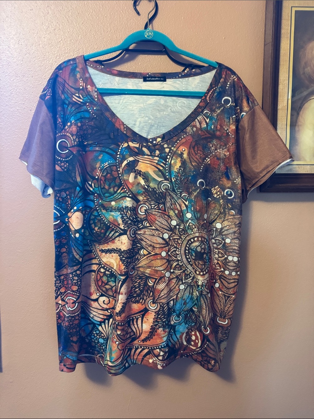 Brown Multi Floral Graphic V-Neck Top